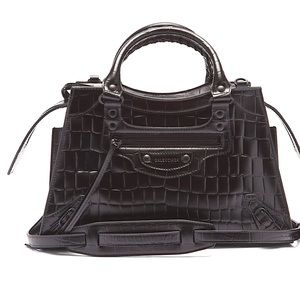 NEW AUTH BALENCIAGA CLASSIC NEO SMALL EMBOSSED CROC LEATHER GUNMETAL MED BAG